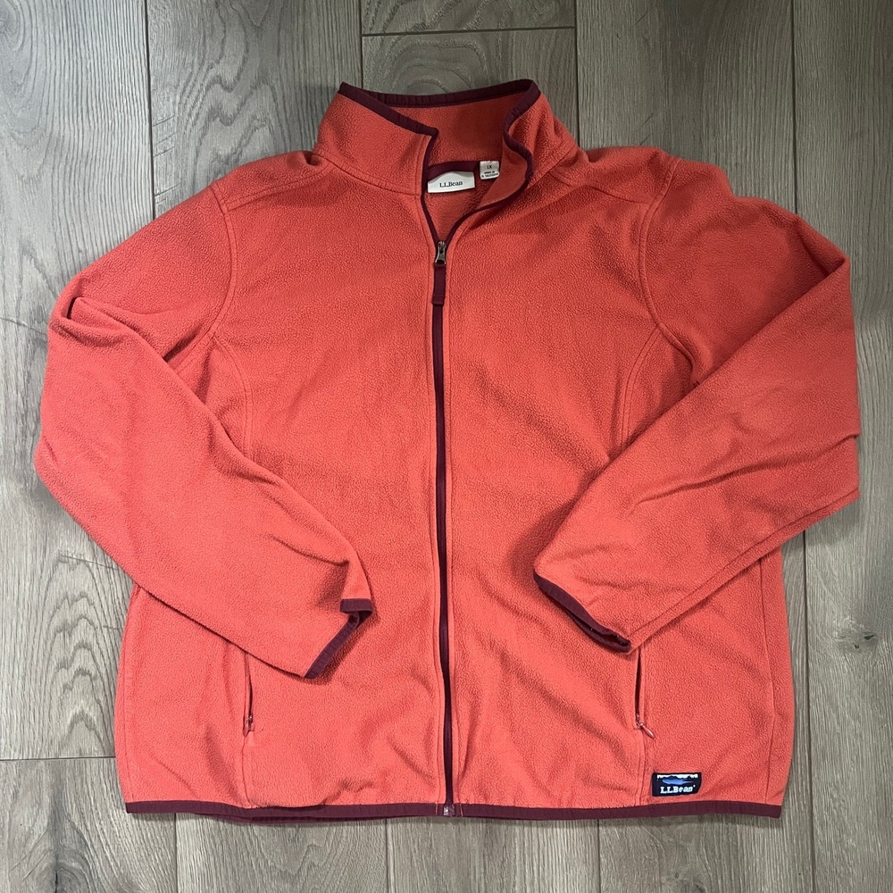 LL Bean Womens 1X Fleece Jacket Full Zip Coral Pink Recycled Polyester 505316
